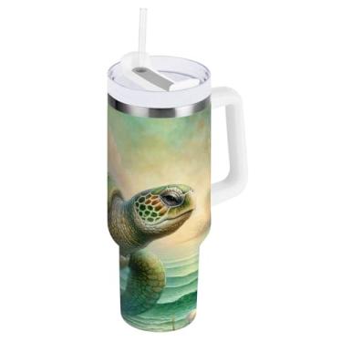 Imagem de Copo com isolamento duplo de 850 g com alça e tampa de palha, copo de viagem isolado verde oceano tartaruga marinha