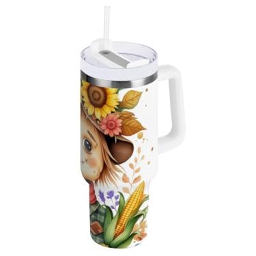 Imagem de ODAWA Copos grandes e fofos com isolamento duplo de espantalho com alça e tampa de palha, copo de viagem isolado