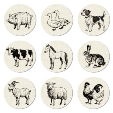 Imagem de ANATTASOUL Conjunto de 9 porta-copos de madeira coloridos com estampa de animais de fazenda, presente de inauguração de casa redonda para casa nova, proteção de mesa de centro decorativa de 9,9 cm