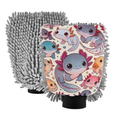 Imagem de ODAWA Luva absorvente de microfibra chenille para lavagem de carro, pacote com 2, desenho animado Axolotl, 20,5 cm C x 30 cm L