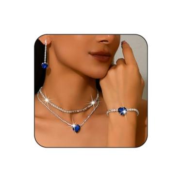 Imagem de WCRAZYE Conjunto de joias de coração de strass, colar com pingente de cristal de prata, brinco, pulseira para mulheres, casamento, noiva, Medium, Liga de aço, Sem Pedra Preciosa