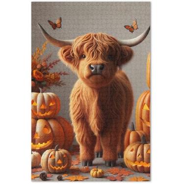 Imagem de Quebra-cabeças para adultos de vaca Highland de Halloween com 500 peças, pintura de brinquedo artístico, quebra-cabeças exclusivos, presentes, 51 x 35 cm