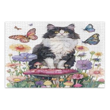Imagem de Quebra-cabeça de gato e borboletas 1000 peças, quebra-cabeças jiggy para adultos, jogos educativos