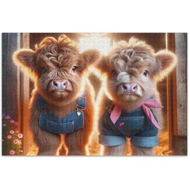 Imagem de Highland Cows Quebra-cabeças para adultos fofos 500 peças presentes de elefante branco engraçado personalizado brinquedo adulto pintura de arte floral, 51 x 35 centímetros