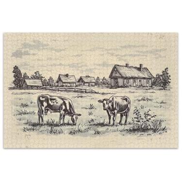 Imagem de Farm Cows Grazing Bege Quebra-cabeça 1000 peças adultos arte decoração difícil quebra-cabeças jogo puzzle presentes