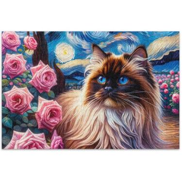 Imagem de Quebra-cabeça de gato fofo noite estrelada rosa 500 peças para família adulto brinquedo arte exclusivo presentes para amantes de quebra-cabeça, 51 x 35 centímetros