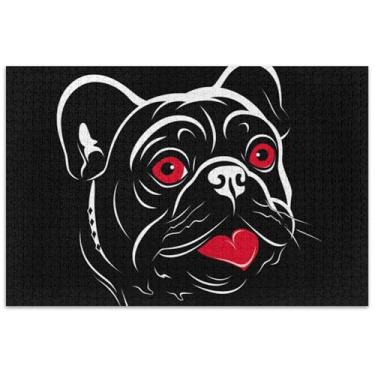 Imagem de Quebra-cabeça coração buldogue preto 1000 peças pintura adultos decoração arte quebra-cabeça elefante branco presentes de festa
