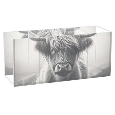 Imagem de TSENQUE Porta-lápis de mesa, bonito, vaca highland, monocromático, acrílico, maquiagem, pincel, caneta, caneta, marcador, arte, caddie, personalizado, decorativo, material de escritório, decoração
