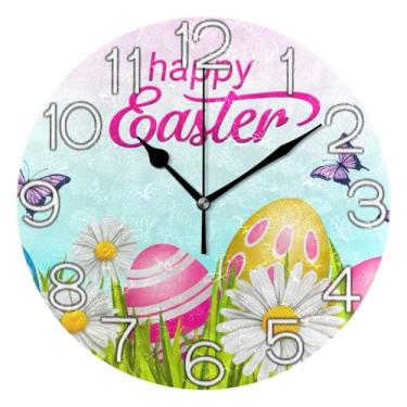Imagem de Relógio de parede decorativo analógico operado por bateria para quarto e cozinha, arte de parede moderna legal decoração de casa Páscoa ovo colorido floral, 25 cm, ponteiros pretos