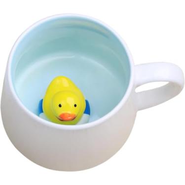 Imagem de Caneca fofa 3D animal cerâmica café xícara de chá com alça, estatueta de animal feita à mão copo de cerâmica para café, chá, pato leiteiro