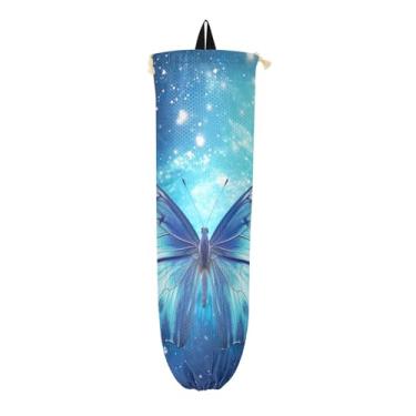 Imagem de Borboleta azul voando no céu, pacote com 2 porta-sacolas de compras, suporte de bolsa para cozinha