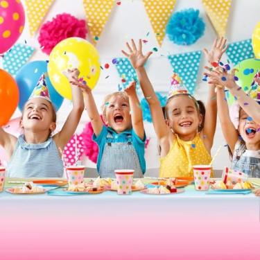 Imagem de Toalha de mesa colorida de arco-íris de 2 peças, toalha de mesa retangular rosa arco-íris 137 x 272 cm, adequada para decoração de aniversário e suprimentos de festa