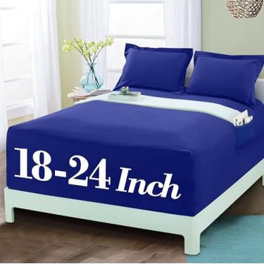 Imagem de Mocassi Lençol com elástico luxuoso 1800 de qualidade premium de hotel – microfibra ultramacia, resistente a vincos, bolso extra profundo de 45 a 60 cm, lençol com elástico, California King, azul
