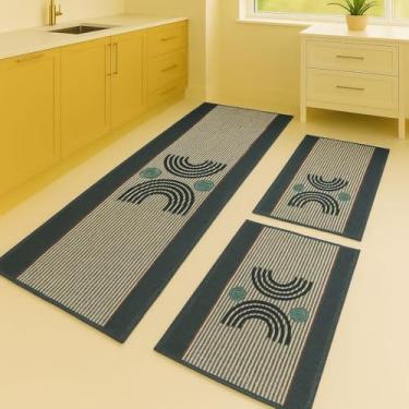 Imagem de Kit 3 Tapetes para Cozinha Algodão e Poliéster Passadeira Decorativa Macia Antiderrapante Uso Diário (Abstrato Marinho)