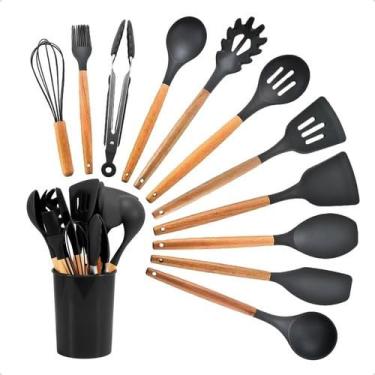 Imagem de Kit Jogo Conjunto 12 Peças De Silicone Utensílios de Cozinha Cabo De Madeira Premium Resistente ao Calor Antiaderente Colher Concha Pegador Fue Concha Espátula