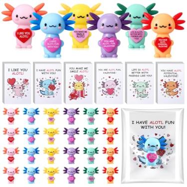 Imagem de Gejoy 25 Pcs Valentines Axolotl Set Mini Axolotl Figures with Valentines Cards Adhesive Dot & Self-Adhesive Bags for Valentine's Gift Exchange Wedding Party Favors
