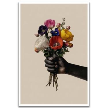 Imagem de Arte de parede de mulher negra, impressão de pôster em tela afro-americana, arte de parede de flores coloridas, abstrata, moderna, imagem floral, moda, impressões de meninas negras para sala de estar