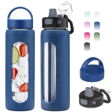 Imagem de Kodrine Garrafa de água de vidro de 680 g com canudo - 2 tampas - Garrafa de vidro de entrada diária reutilizável com medidas, manga de silicone, marcador de tempo, compatível com porta-copos para