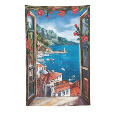 Imagem de Tapeçaria com vista de janela costeira cidade litorânea flores vermelhas flores barcos cênica paisagem mediterrânea arte decoração de parede para sala de estar quarto casa tapeçaria 152 x 230 cm