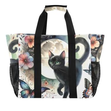 Imagem de Joitme Sacola de compras reutilizável de cozinha, boho, praia, academia, bolsas femininas, fofas, grandes, para piscina, mãe, gato preto, borboletas florais