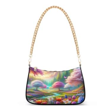 Imagem de Bolsa de ombro com corrente estética de árvores coloridas pastel, bolsa feminina artística, bolsa clutch Hobo versátil