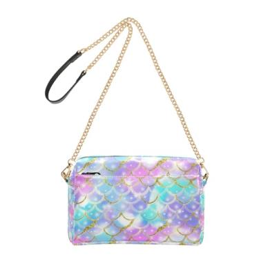 Imagem de Bolsa feminina transversal bolsa para celular bolsa de ombro de couro PU com alça de corrente escama sereia colorido gradiente pastel
