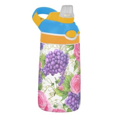 Imagem de Garrafa de água infantil de 473 ml com tampa de palha, garrafa de água esportiva Tritan reutilizável de 473 ml, copo infantil portátil à prova de vazamento, alça de transporte, uvas roxas, rosas rosa