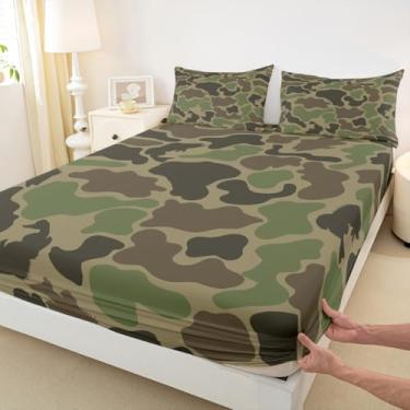Imagem de Homewish Jogo de lençol casal camuflado verde exército, estampa de peixe robalo, 3 peças, animais selvagens, decoração de quarto de crianças, meninos, adolescentes, homens, lençol com bolso profundo