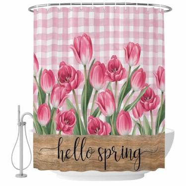 Imagem de Cortina de chuveiro de flor de tulipa rosa Hello Spring Conjunto de cortinas de chuveiro xadrez de búfalo floral à prova d'água para banheiro decoração de banheira acessórios de casa 182 x 182 cm