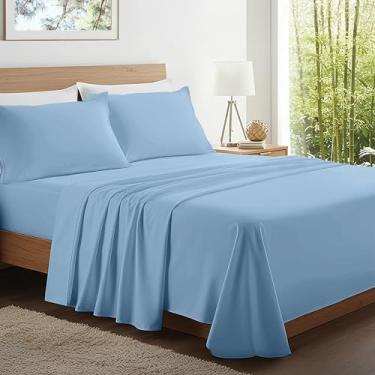 Imagem de Kickoff Lençóis de bambu viscose, tamanho casal, 4 peças, 100% viscose, bambu, orgânico, jogo de cama de casal para dormir quente, lençol plano, ajustado, fronhas (azul claro, F)
