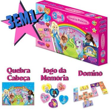 Imagem de Jogos 3 em 1 Sonho de Princesa Jogo da Memória Quebra Cabeça e Dominó 