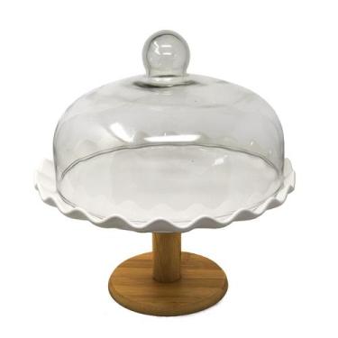 Imagem de Boleira Porta Bolos Base Cerâmica Tampa Vidro Bandeja Suporte Alimento