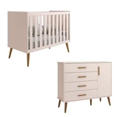 Imagem de Berço Americano E Cômoda Infantil Com Porta Isis Rosa Acetinado - Rell