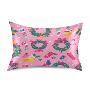 Imagem de Blueangle Fronha de cetim de guirlandas de Natal para cabelo e pele, fronha de seda, tamanho padrão (51 x 66 cm) - Capas de almofada de cetim com fecho de envelope (506)