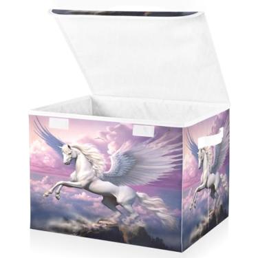 Imagem de Blueangle Cestos de armazenamento de cavalo branco com tampas, 42 x 32 x 30 cm, grande cesta organizadora dobrável para decoração de escritório e armário (58)