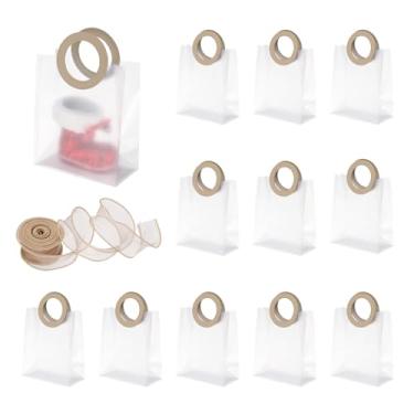 Imagem de PATIKIL Sacos de presente transparentes reutilizáveis com alça e fita, 12 peças de sacolas de plástico para doces e doces para festa de celebração do festival de aniversário de casamento, ouro (21 cm