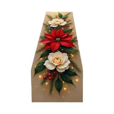 Imagem de Toalha De Mesa 2D Com Estampa De Poinsettia, Rosa Branca, Agulhas De P