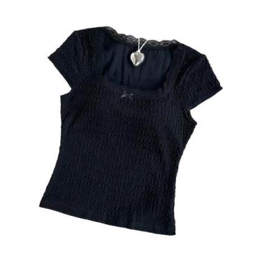 Imagem de Camiseta Feminina De Renda Com Decote Redondo E Manga Curta Estilo Eur