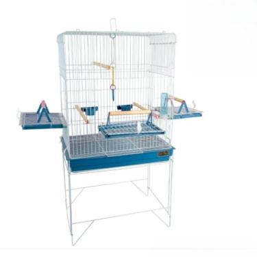 Imagem de Gaiola grande para papagaio e calopsita com espaço amplo, bandeja removível, comedouros e poleiros, ideal para aves mansas que precisam de um viveiro seguro e confortável (Azul)