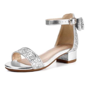 Imagem de PANDANINJIA Sapatos sociais para meninas, crianças, salto alto, tira no tornozelo, festa de casamento, Phoebe Flower Girl, Iv Prata Lantejoula, 12 Little Kid