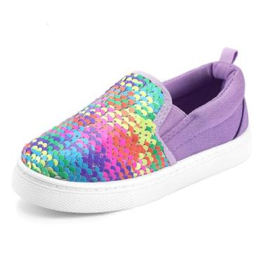 Imagem de K KomForme Tênis Infantil Sem Cadarço Para Meninas, Calçado De Caminhada Lona Com Lantejoulas Brilhantes, Tamanho 10, Arco-Íris Roxo