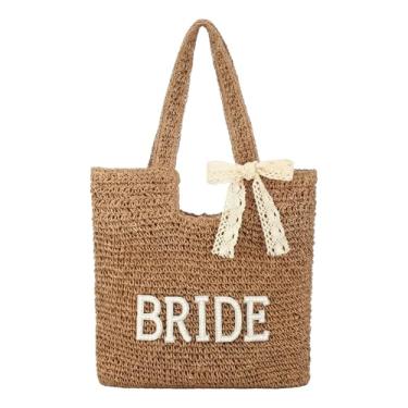 Imagem de Pinkunn Bolsa de noiva de palha para noivas, presente de noiva, bolsa de praia com strass, para mulheres, despedida de solteira, lua de mel, casamento, chá de panela, presente de casamento na praia