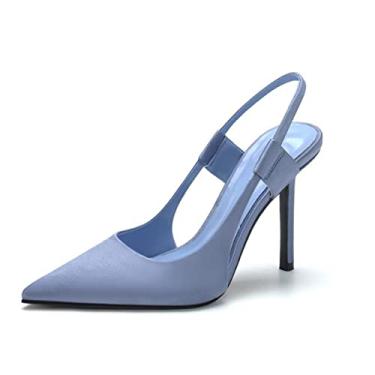 Imagem de Jeesay Sandália feminina de bico fino com tiras nas costas, salto stilette, sandálias de verão, sapatos sociais casuais, Azul, 35