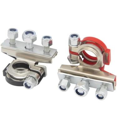 Imagem de YSIL Conectores de terminal de bateria de 3 vias 12V cabo de bateria automotiva terminais de grampo de cabo de bateria com 3 parafusos para carro, van, barco, motocicleta positivo e negativo vermelho