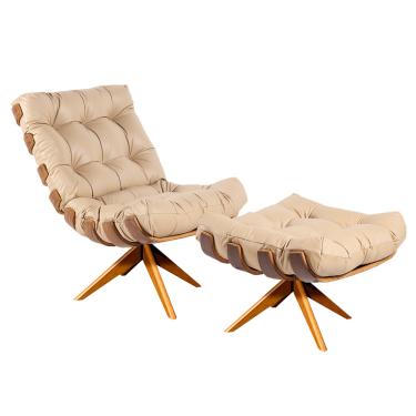 Imagem de Poltrona e Puff Giratório Costela Couro Legítimo Base de Madeira MM30 M11 - D'Rossi