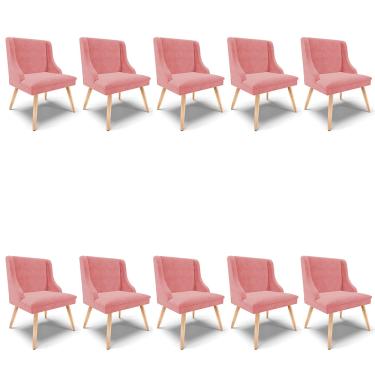 Imagem de Kit 10 Cadeiras de Jantar Liz Suede Rosê Pés Palito Natural D03 - D'Rossi