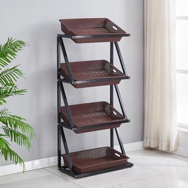 Imagem de Prateleiras comerciais de vegetais de 4 a 5 níveis – Rack de exibição de frutas e lanches de metal com cestas para supermercados e cozinhas, organizador de varejo marrom para produtos frescos.