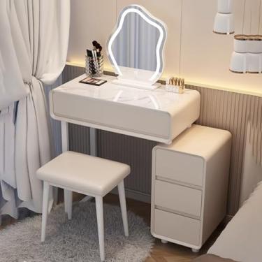 Imagem de Mesa de penteadeira com espelho e luzes, penteadeira com gavetas de armazenamento, armário lateral retrátil, penteadeira de maquiagem compacta para espaços pequenos, inclui banco