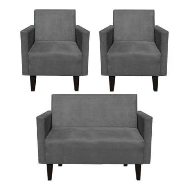 Imagem de Kit Sofá Retrô Namoradeira e 02 Poltronas Compactas Jade Suede Grafite