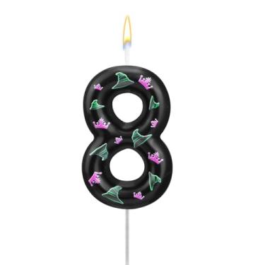 Imagem de Vela de aniversário maligna, rosa, verde, bruxa, número de aniversário, topo de bolo para decoração de festa de bruxa mágica, decoração de festa (número 8)